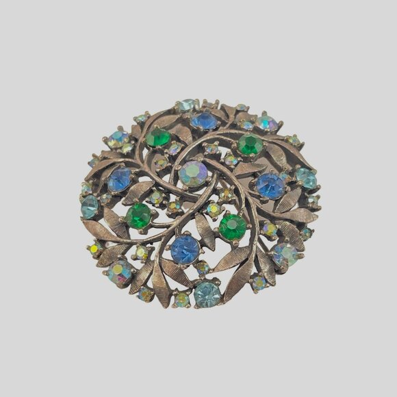 Rare Unsigned Florenza Round Aurora Borealis Blue Green Leaf Brooch Pin Vintage - Picture 5 of 6